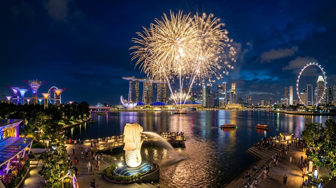 Singapore Marina Bay Sands and Merlion Skyline